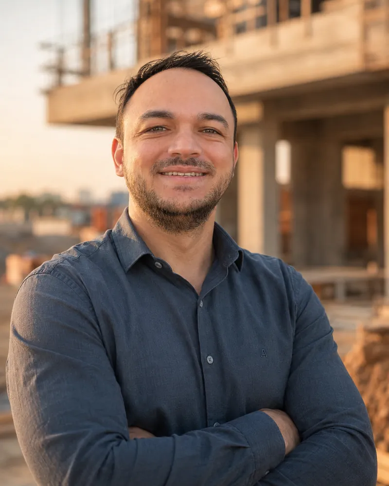 Lucas, fundador da RNCore e engenheiro civil, num canteiro de obras